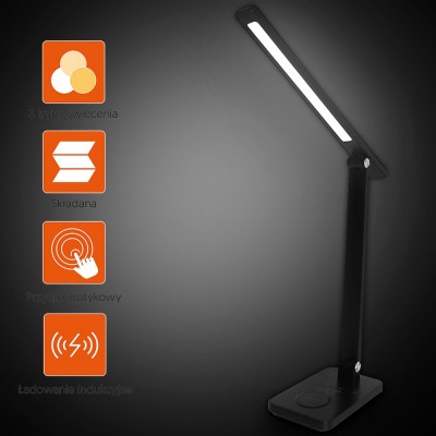 Lampada da Mensola o Scrivania nera luce led 10W regolab. 3000/4500/6000k funzione ricarica wireless induzione 5W smartphone "Force" #50F