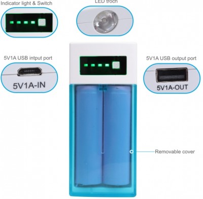 POWER BANK PILA EMERGENZA PRESA USB 5V 1A + TORCIA LED + CARICAPILE N.2 BATTERIA 18650 3V 5200mAH (#823 cod.34YBANK5200)