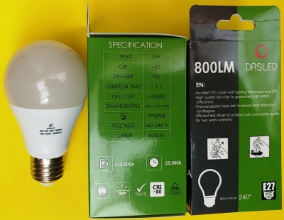 LAMPADA LED E27 9W 4000K GOCCIA BIANCO NATURALE DASLED 800LM (#358C COD. 73E2794000DA)