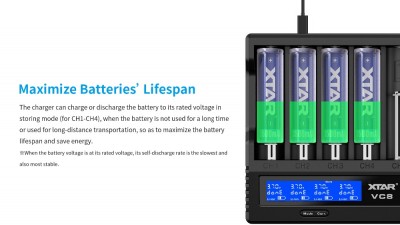 CARICA 8 PILE BATTERIE LI-ION VARI FORMATI 18650/26650 3,7V XTAR VC8 professionale massima affidabilità  (#824C 22A824C)