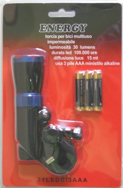 TORCIA LED 3W GANCIO MANUBRIO BICI SFILABILE MULTIUSO ZOOM LED ALUMINIO (AAAx3 N.I.) #495A